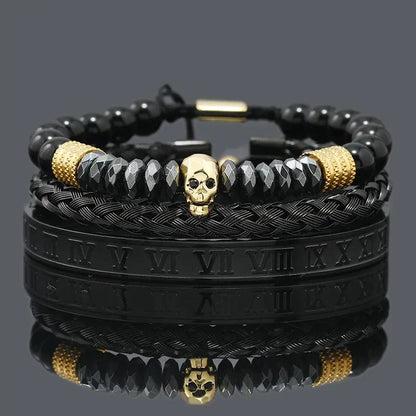 Black hematite beads featuring skull and crown designs with leopard accents from Jungle Line, designed for men.