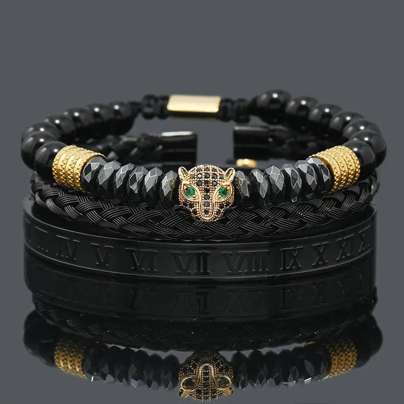 Black hematite beads necklace featuring a skull crown and leopard design by Jungle Line, with intricate stone detailing.