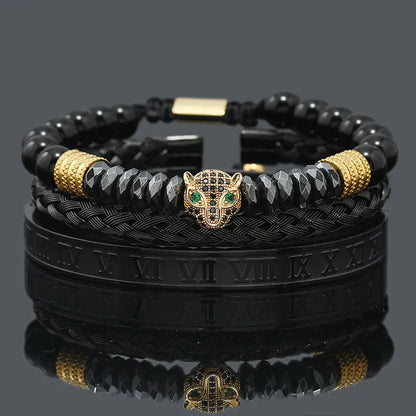Black hematite beads necklace featuring a skull crown and leopard design by Jungle Line, with intricate stone detailing.