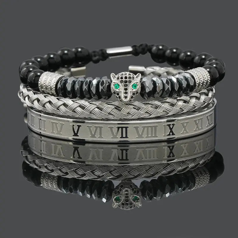 Black stone hematite beads bracelet featuring a skull crown and leopard design, suitable for men, by Jungle Line.
