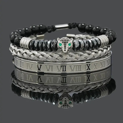 Black stone hematite beads bracelet featuring a skull crown and leopard design, suitable for men, by Jungle Line.