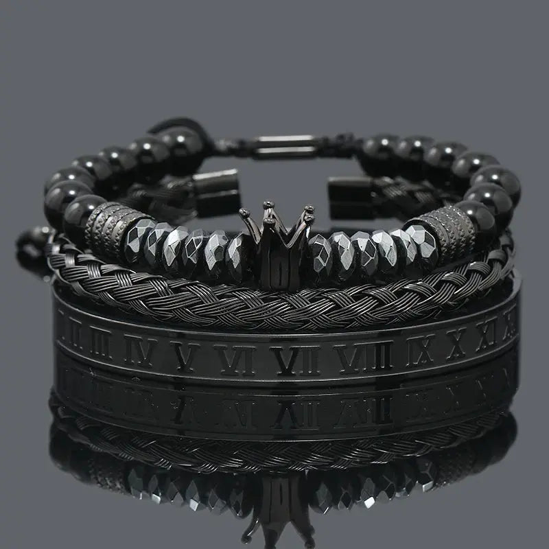 Black hematite beads necklace featuring a skull crown and leopard design, by Jungle Line, for stylish men.