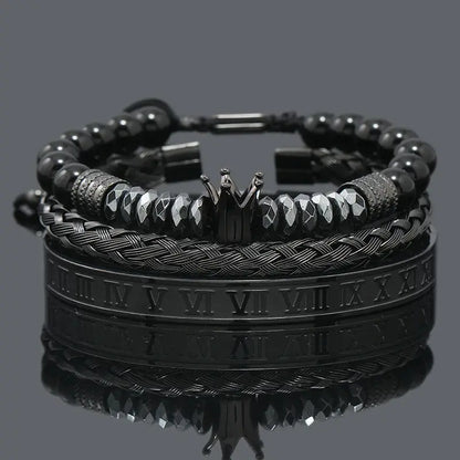 Black hematite beads necklace featuring a skull crown and leopard design, by Jungle Line, for stylish men.