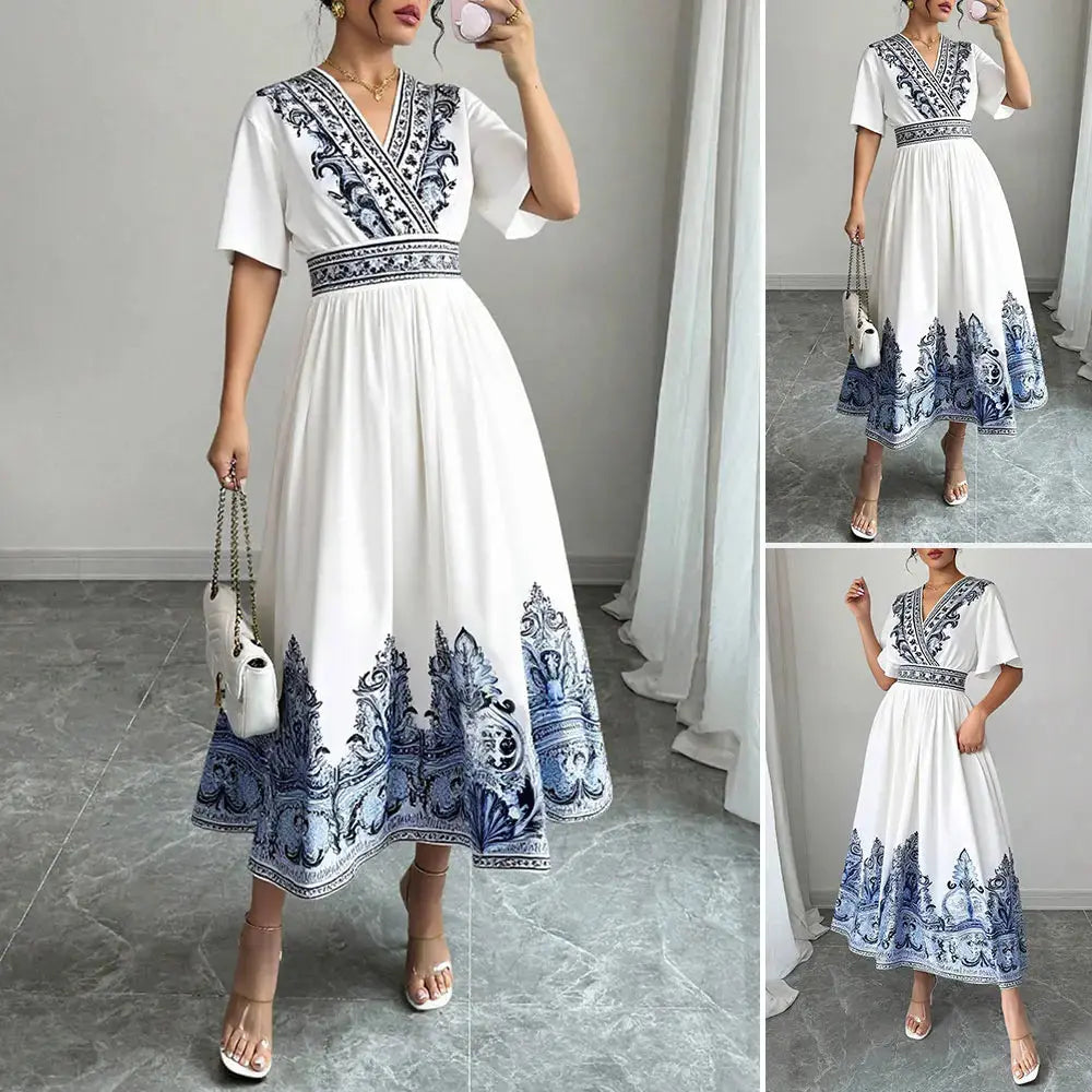 Rafiah Boutique Women's Summer White Midi Dress 2025 V-Neck Short Sleeve with Blue Embroidery and A-Line Silhouette Casual Wear - Jungle Line