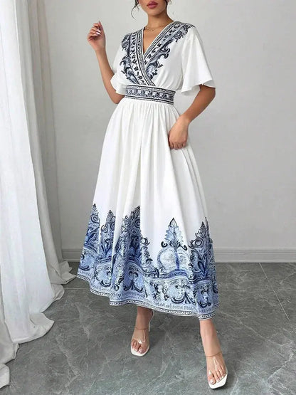 Rafiah Boutique Women's Summer White Midi Dress 2025 V-Neck Short Sleeve with Blue Embroidery and A-Line Silhouette Casual Wear - Jungle Line