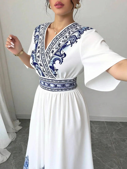 Rafiah Boutique Women's Summer White Midi Dress 2025 V-Neck Short Sleeve with Blue Embroidery and A-Line Silhouette Casual Wear - Jungle Line