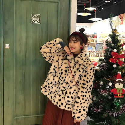 Off-white leopard print fur coat by Jungle Line, women's winter imitation fur coat with stylish, cool design and integrated fur details.