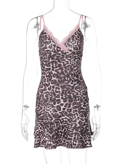 Women Sexy Party Club Vacation V Neck Leopard Bodycon Lace Mini Dress 2024 Summer Clothes Wholesale Items for Business