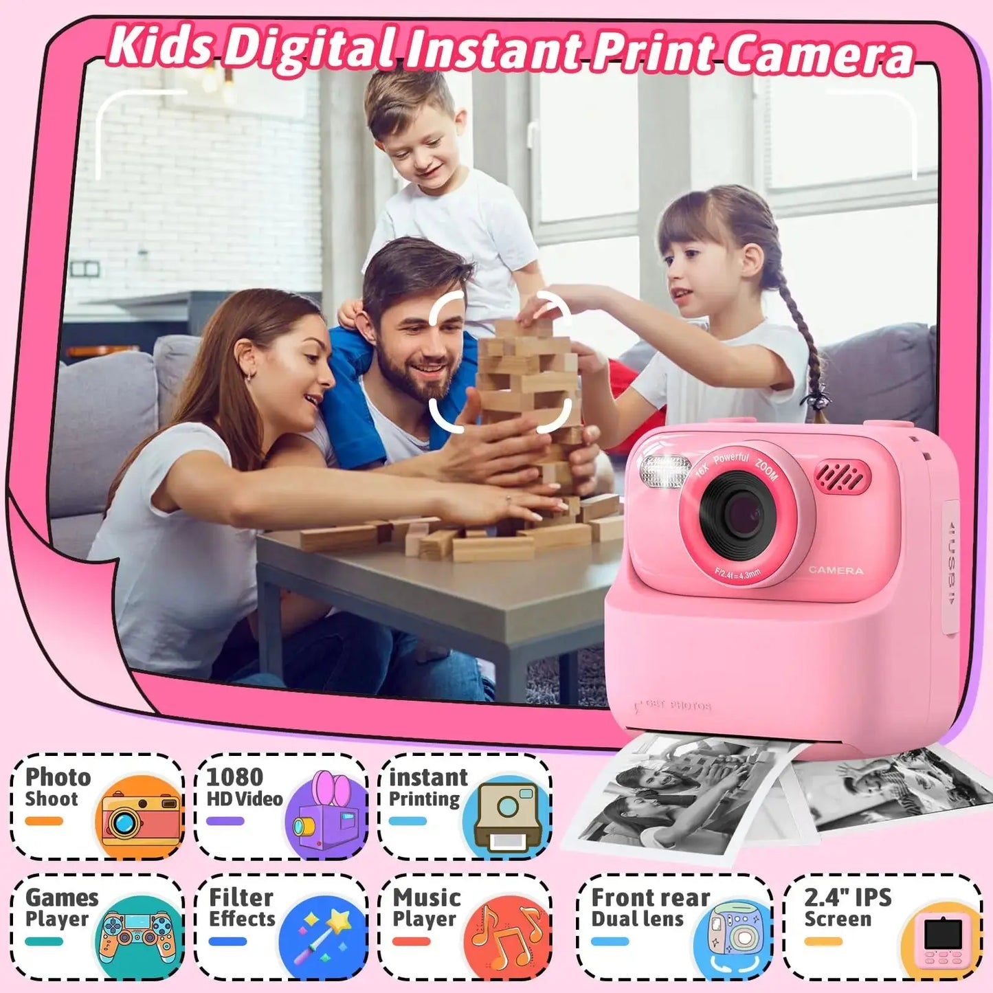 Upgrade Kids Camera Instant 1080P HD Dual Lens Selfie Jungle Line
