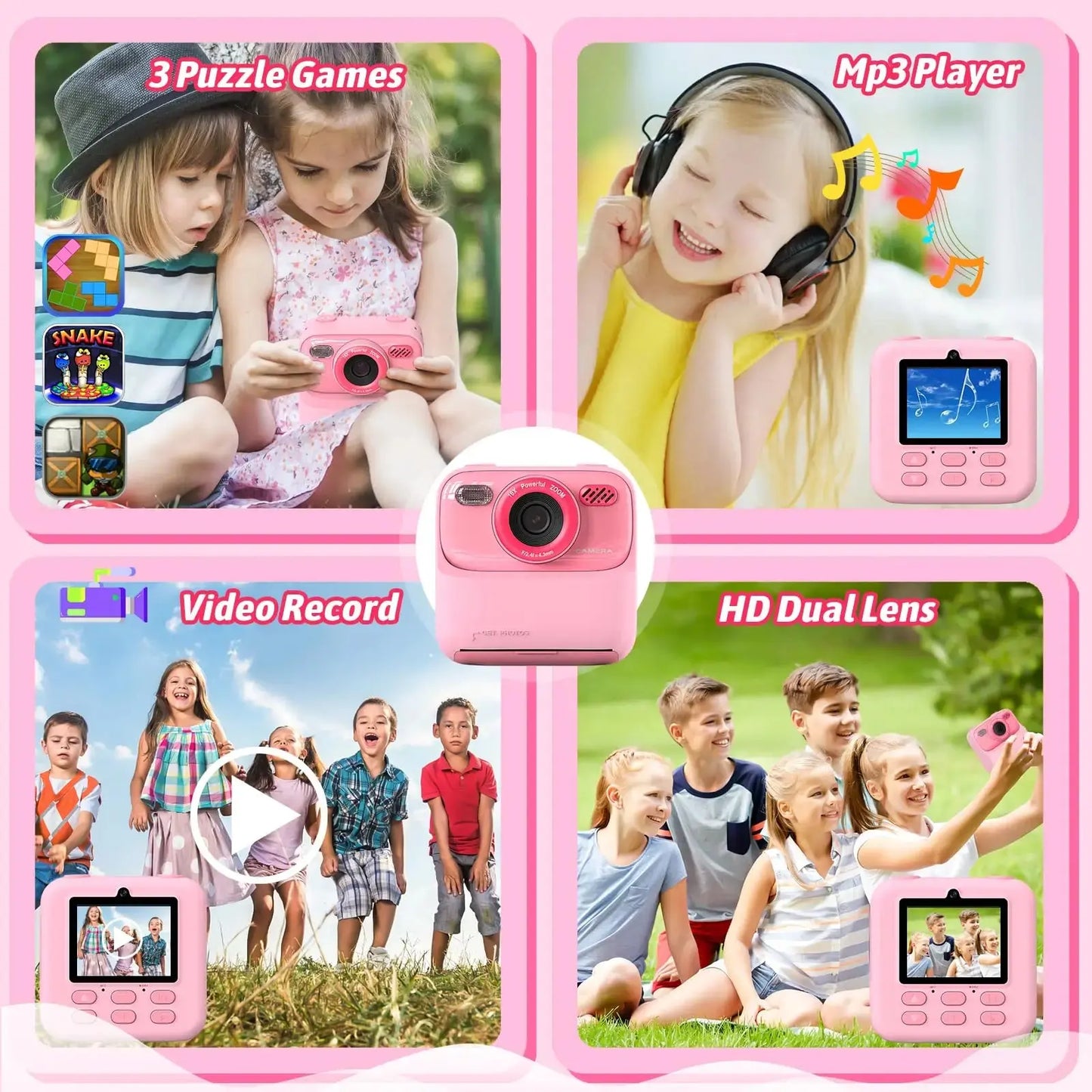 Upgrade Kids Camera Instant 1080P HD Dual Lens Selfie Jungle Line