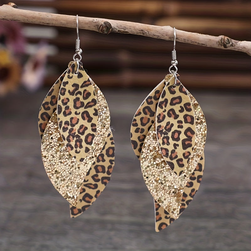 Triple Leopard Sequin Earrings - Vintage PU Leather Layer - Earrings - Jungle Line
