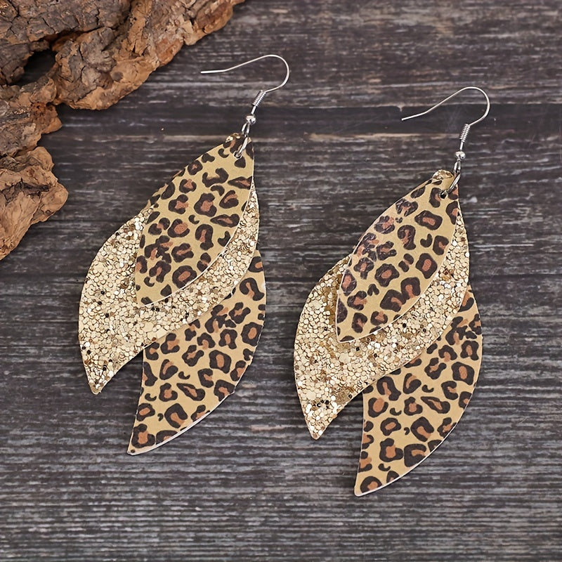 Triple Leopard Sequin Earrings - Vintage PU Leather Layer - Earrings - Jungle Line