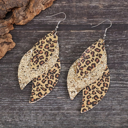Triple Leopard Sequin Earrings - Vintage PU Leather Layer - Earrings - Jungle Line