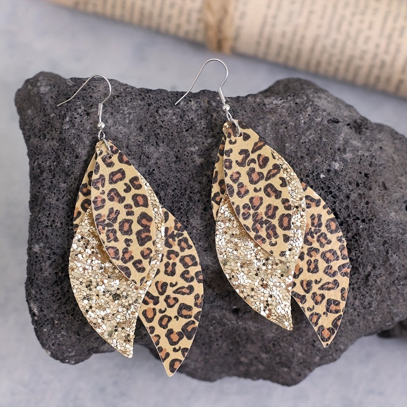 Triple Leopard Sequin Earrings - Vintage PU Leather Layer - Earrings - Jungle Line