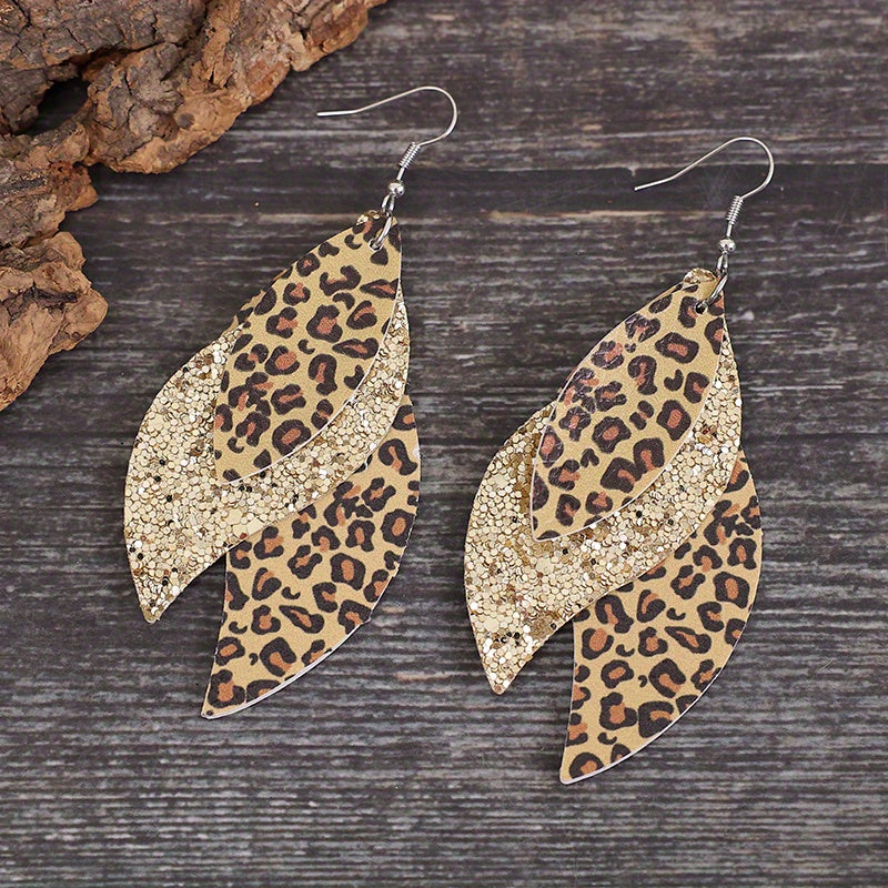 Triple Leopard Sequin Earrings - Vintage PU Leather Layer - Earrings - Jungle Line