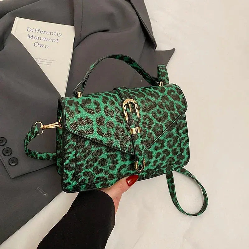 Sac à main en cuir de léopard Jungle Line, petit sac carré à bandoulière, poignée courte, idéal pour femmes, style tote ou pochette.