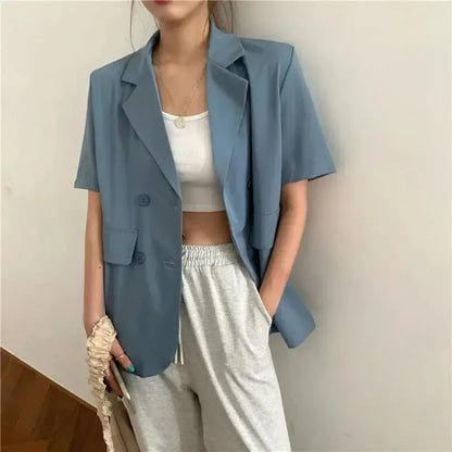 SMVP 2025 Women's Summer Short-sleeved Jacket Casual All-match Loose Double-breasted Blazers Coat Woman Korean Chic White Blazer - Jungle Line