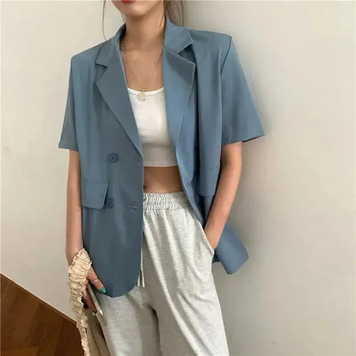 SMVP 2025 Women's Summer Short-sleeved Jacket Casual All-match Loose Double-breasted Blazers Coat Woman Korean Chic White Blazer - Jungle Line