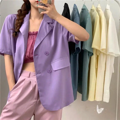 SMVP 2025 Women's Summer Short-sleeved Jacket Casual All-match Loose Double-breasted Blazers Coat Woman Korean Chic White Blazer - Jungle Line