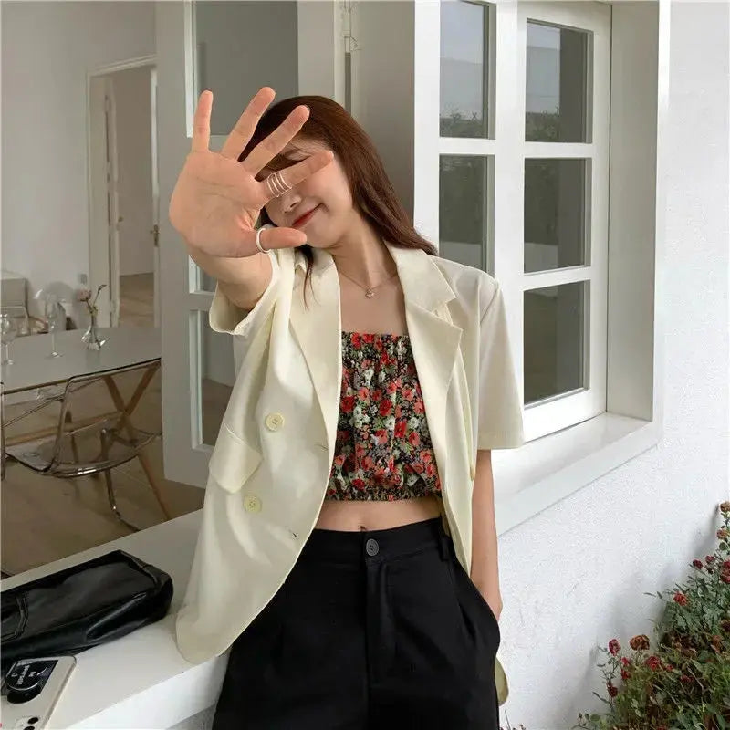 SMVP 2025 Women's Summer Short-sleeved Jacket Casual All-match Loose Double-breasted Blazers Coat Woman Korean Chic White Blazer - Jungle Line