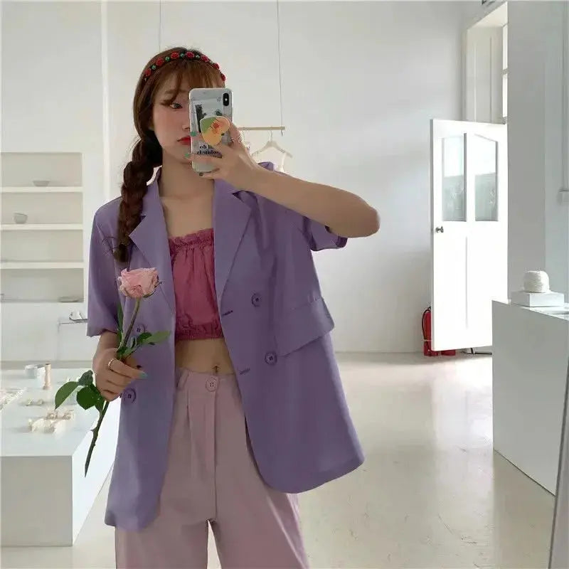 SMVP 2025 Women's Summer Short-sleeved Jacket Casual All-match Loose Double-breasted Blazers Coat Woman Korean Chic White Blazer - Jungle Line