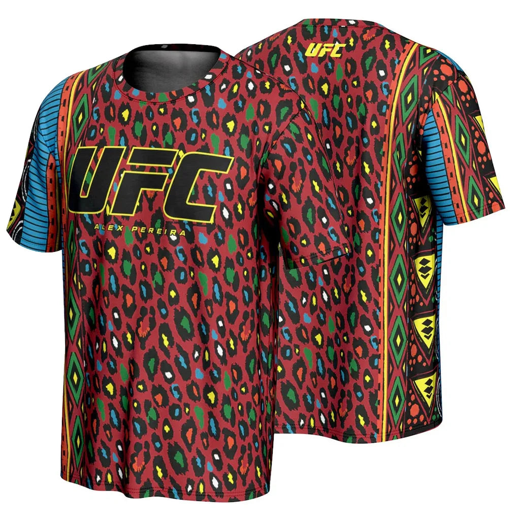 Red Leopard UFC 3D Print Tees Men's Alex Pereira Unrivaled T-Shirt Simple Stylish Breathable Outdoor Mesh Short Sleeve Tops - Jungle Line