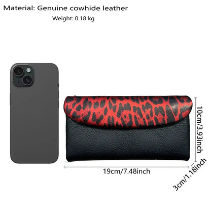 Long women's wallet by Jungle Line featuring a red leopard pattern with coin pocket and multiple card slots.