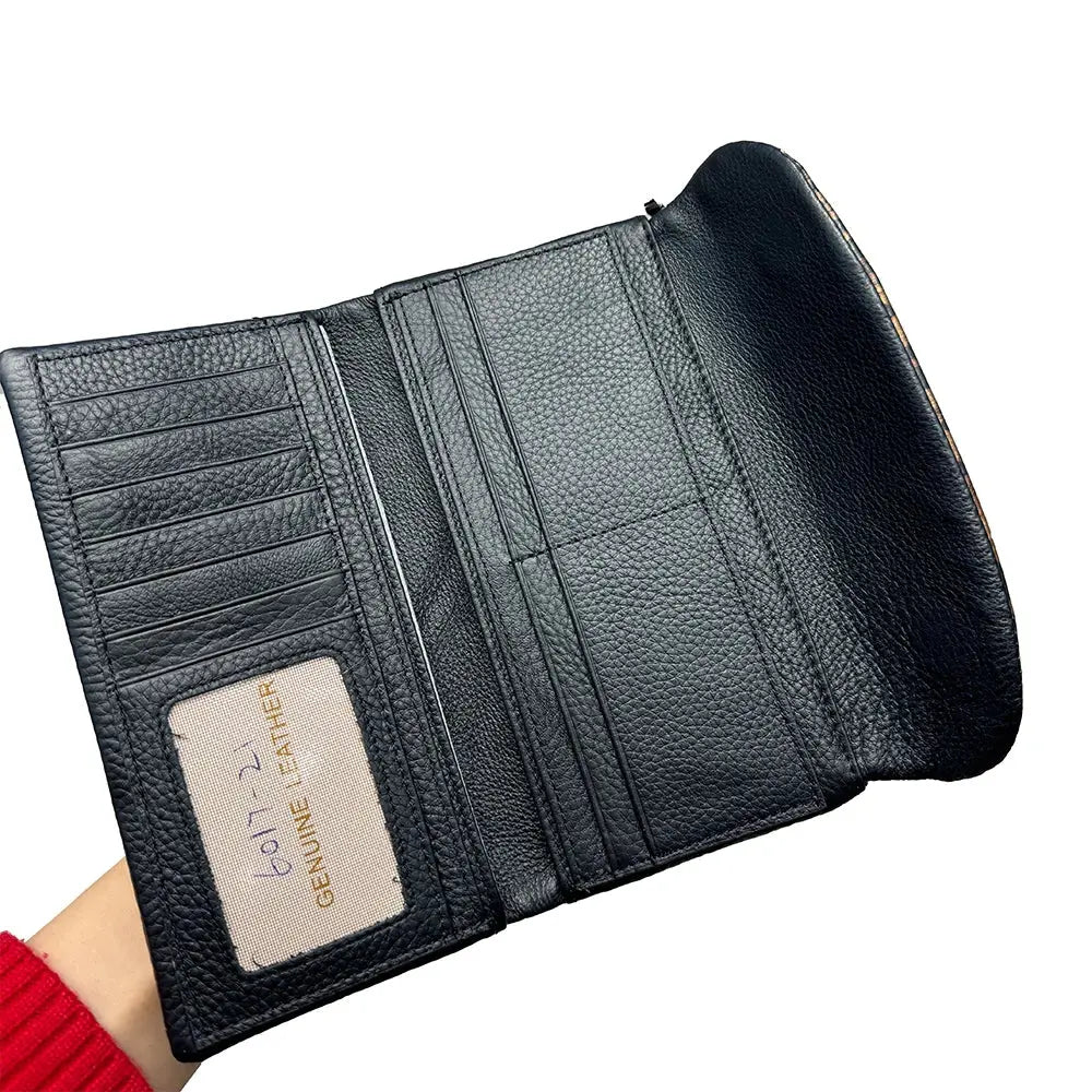 Red leopard pattern long women's wallet with coin pocket from Jungle Line, featuring a stylish and spacious design.