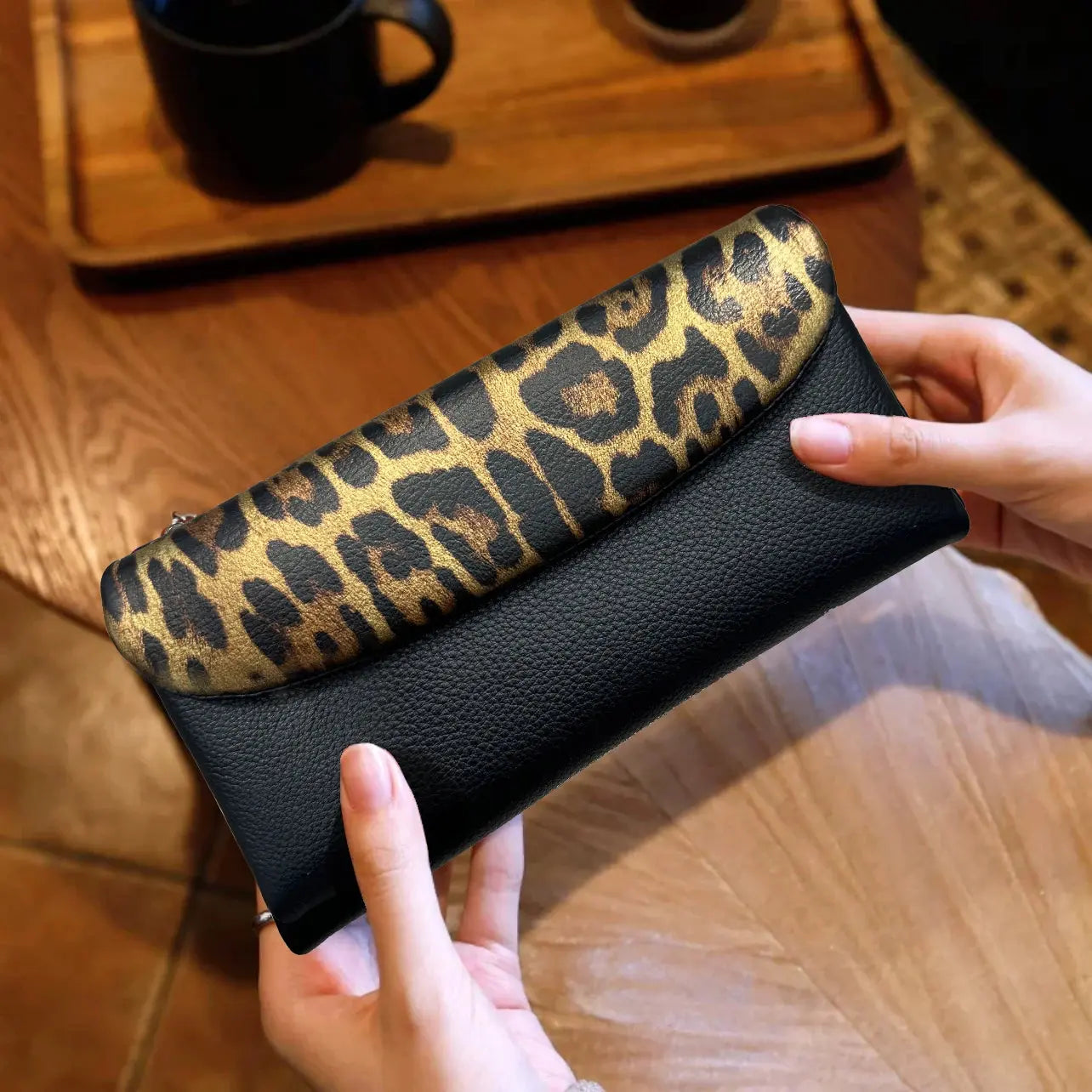 Red leopard pattern women's long wallet with coin pocket by Jungle Line, featuring a stylish and spacious design.