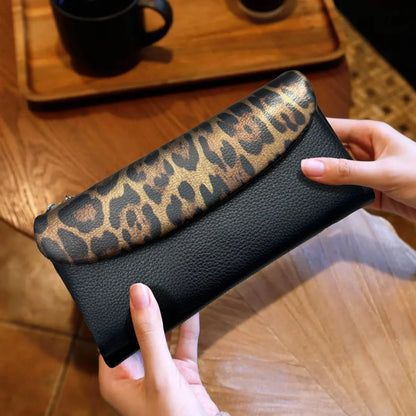 Red leopard pattern long women's wallet with coin pocket by Jungle Line, featuring a stylish and spacious design.