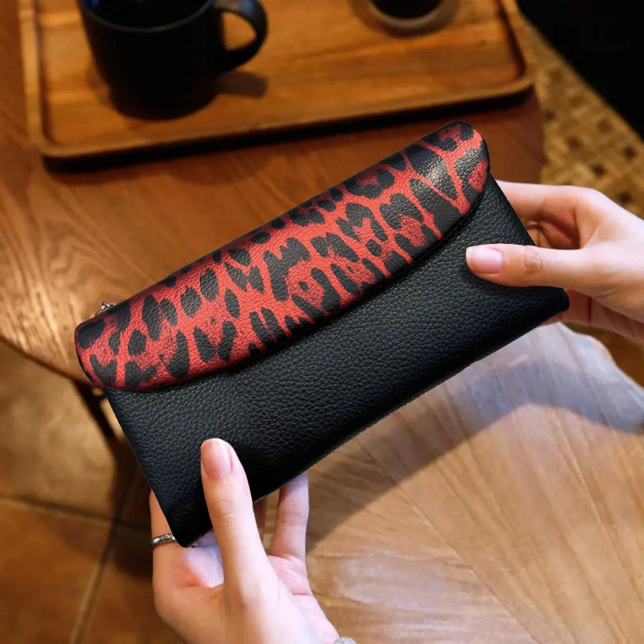 Red leopard pattern women's long wallet with coin pocket from Jungle Line, showcasing stylish animal print and spacious design.