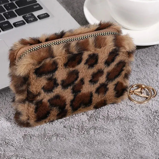 Fashion Leopard Print Plush Short Wallet with Keychain - Jungle Line