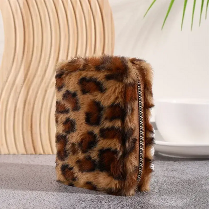 Fashion Leopard Print Plush Short Wallet with Keychain - Jungle Line