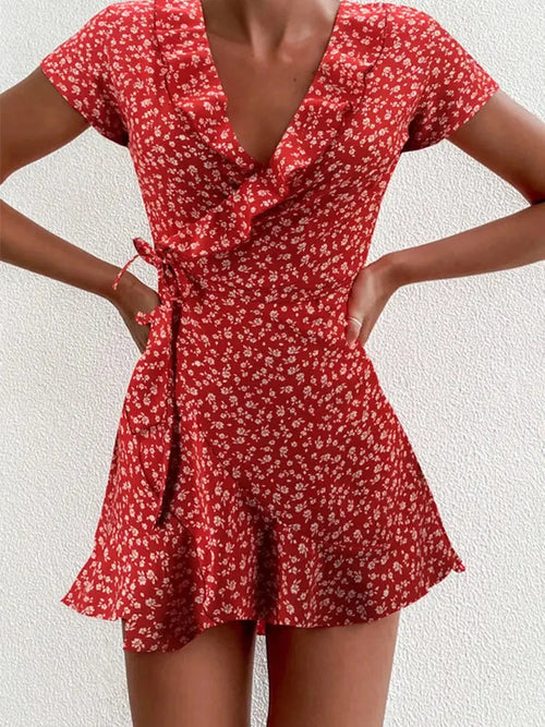 Summer Women’s Floal A-Line Dress Sweet Elegant Floral Ruffles V-neck Bandage Short Dress for Lady Chic Flowers Mini Dress - Jungle Line