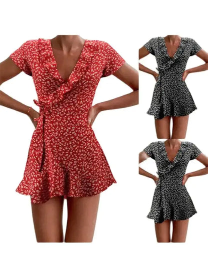 Summer Women’s Floal A-Line Dress Sweet Elegant Floral Ruffles V-neck Bandage Short Dress for Lady Chic Flowers Mini Dress - Jungle Line