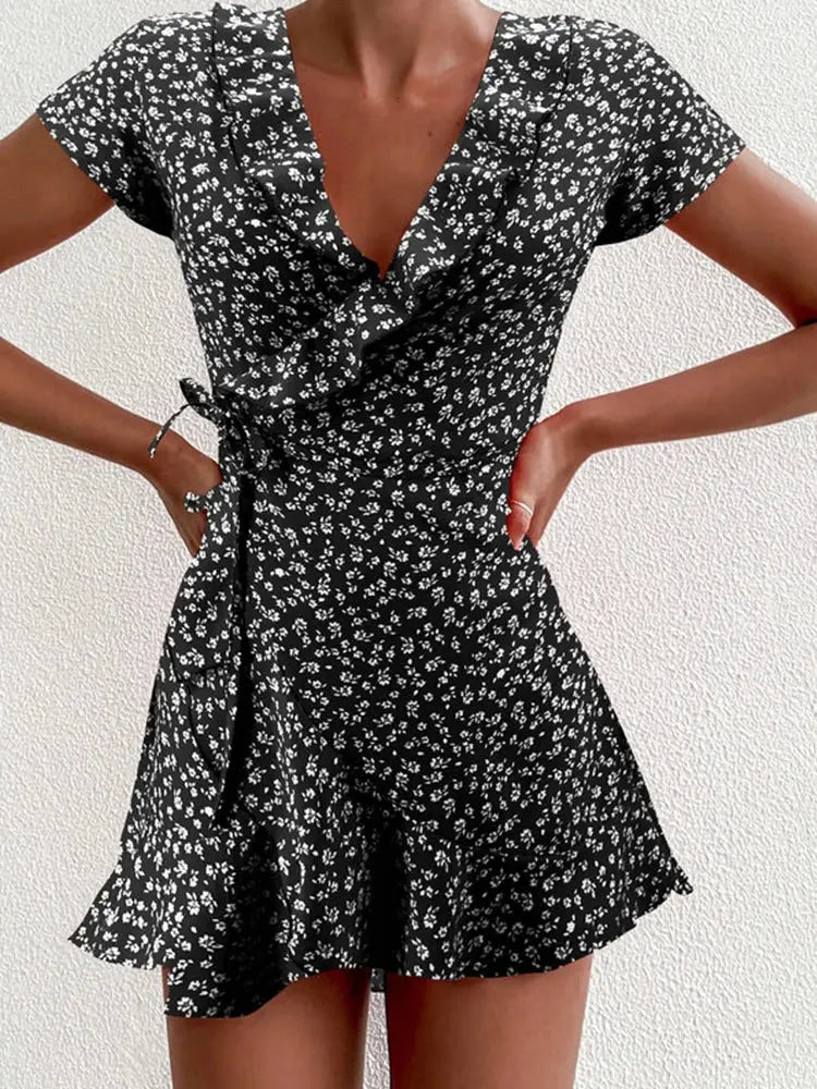 Summer Women’s Floal A-Line Dress Sweet Elegant Floral Ruffles V-neck Bandage Short Dress for Lady Chic Flowers Mini Dress - Jungle Line