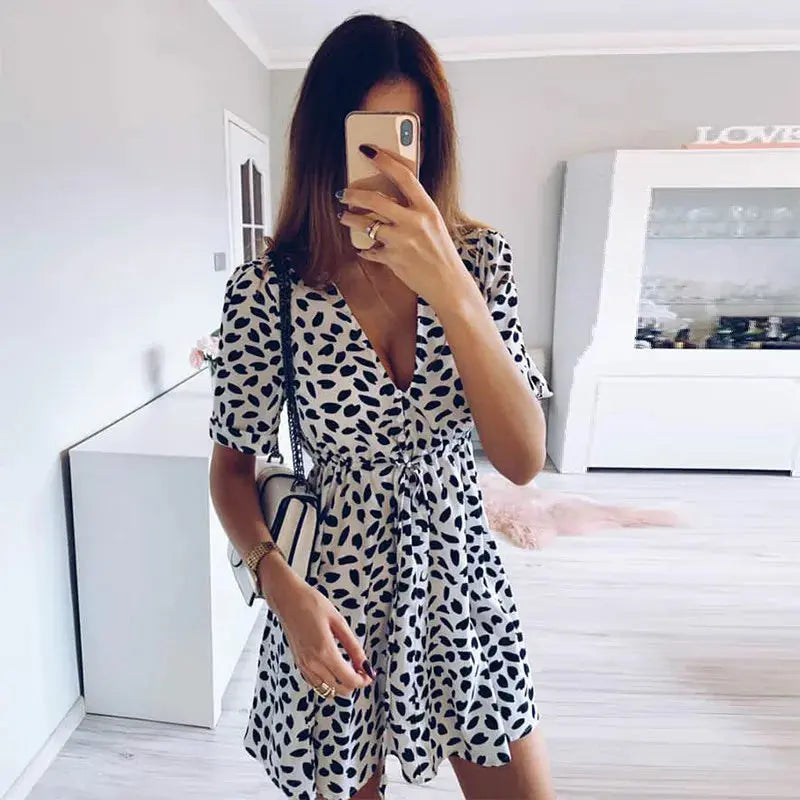 White Sand Spot Mini Summer  Women V Neck Casual Beach Sundress Sexy Botton Wrap Bodycon Dress Female - Jungle Line