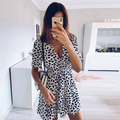 White Sand Spot Mini Summer  Women V Neck Casual Beach Sundress Sexy Botton Wrap Bodycon Dress Female - Jungle Line