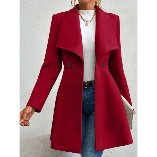 Red Mia Muse women's winter coat with long sleeves, lapel collar, button-up front, suitable for work and seasonal wear.