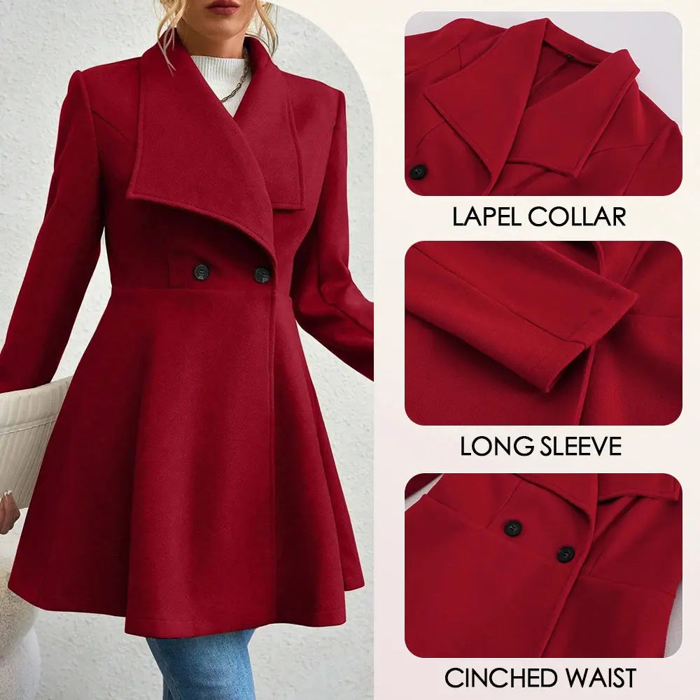 Jungle Line Mia Muse women's red winter coat with long sleeves, lapel collar, button-up front, suitable for work and special occasions.