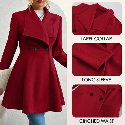 Jungle Line Mia Muse women's red winter coat with long sleeves, lapel collar, button-up front, suitable for work and special occasions.