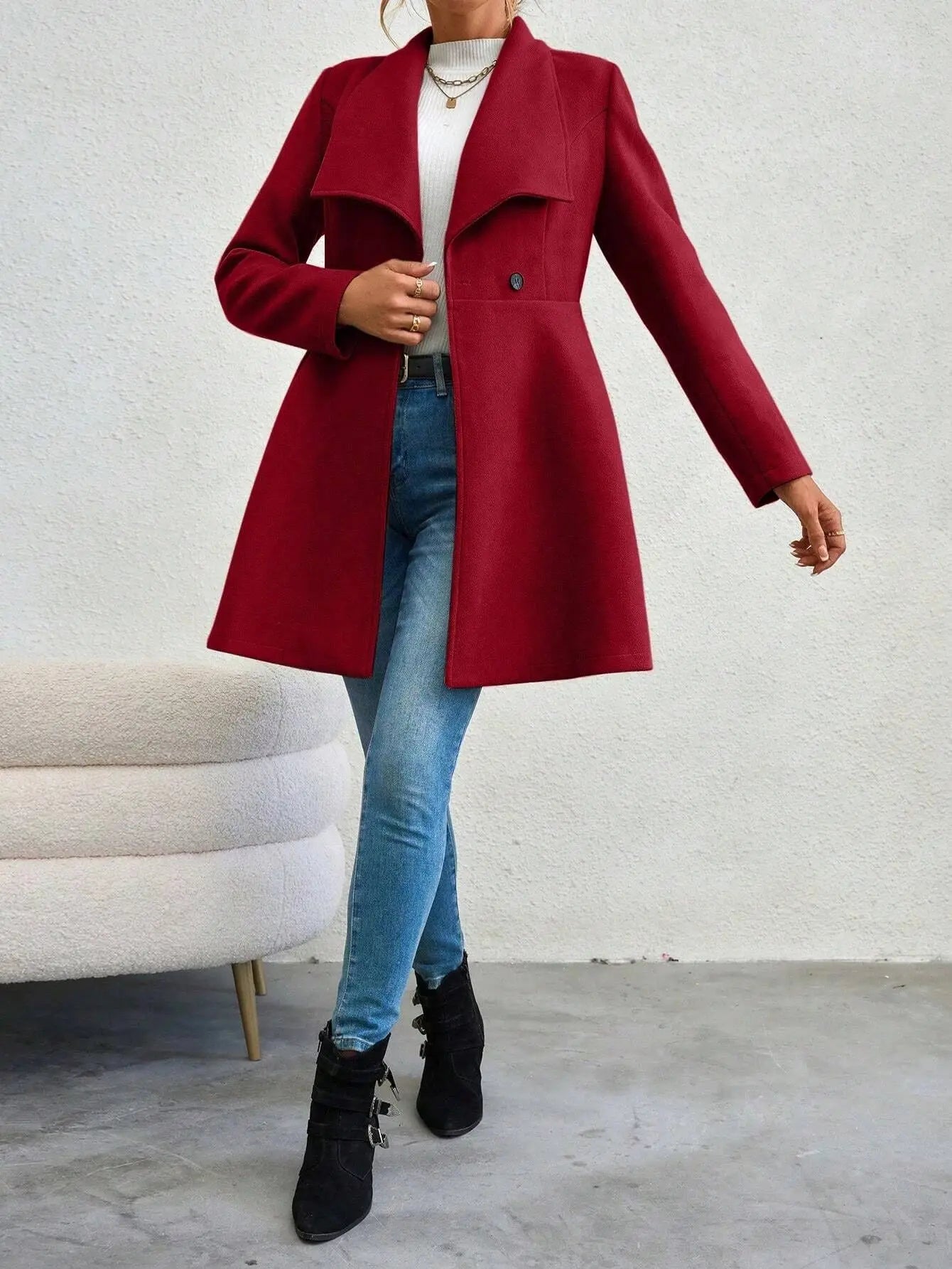 Jungle Line Mia Muse women's red winter coat with long sleeves, lapel collar, button-up front, suitable for work or casual wear.