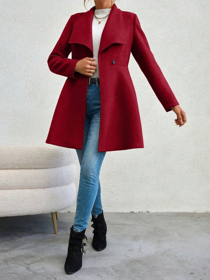 Jungle Line Mia Muse women's red winter coat with long sleeves, lapel collar, button-up front, suitable for work or casual wear.