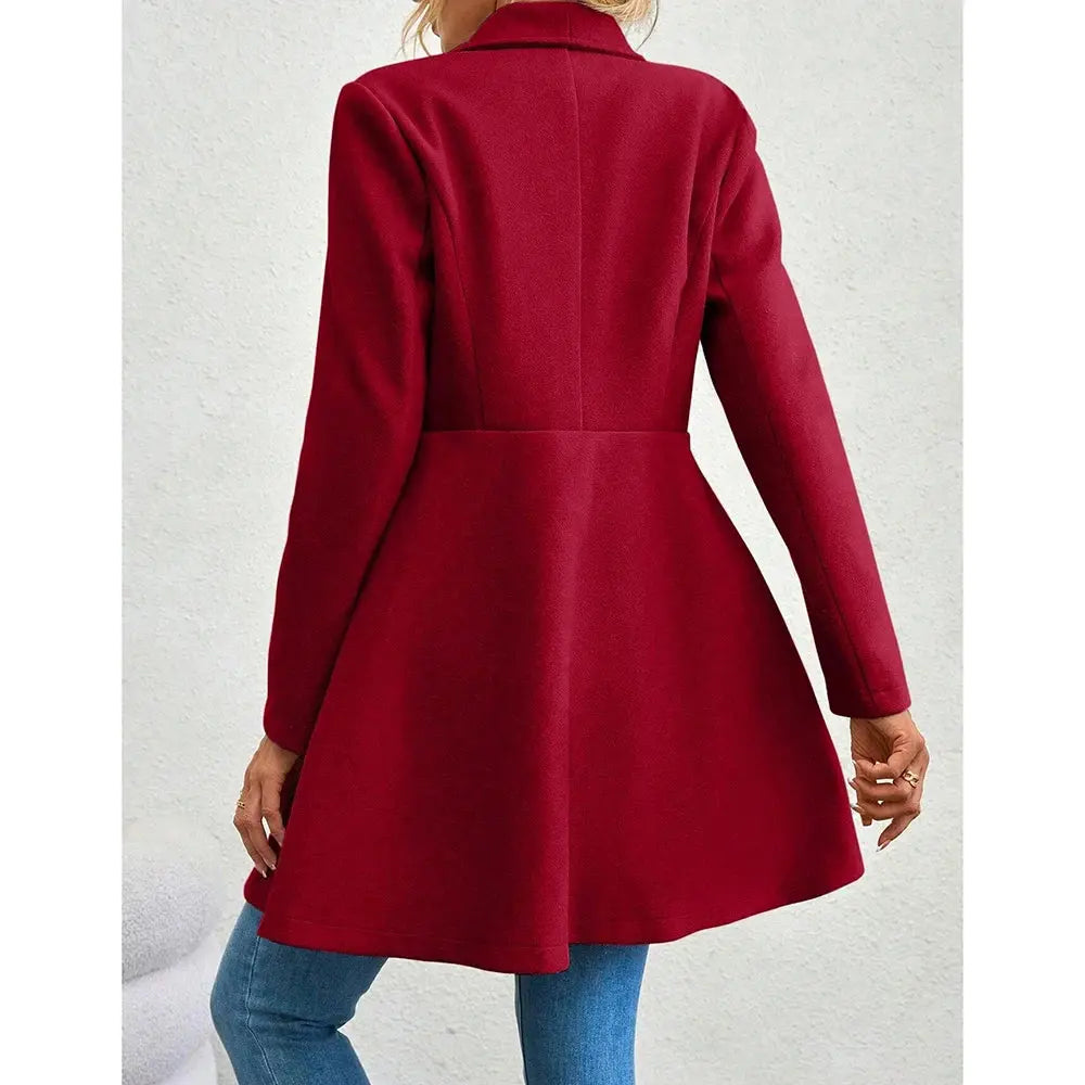 Jungle Line Mia Muse women's red winter coat with long sleeves, lapel collar, button-up front, suitable for work and special occasions.