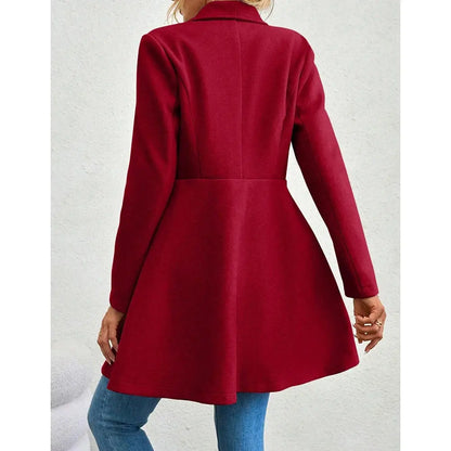 Jungle Line Mia Muse women's red winter coat with long sleeves, lapel collar, button-up front, suitable for work and special occasions.