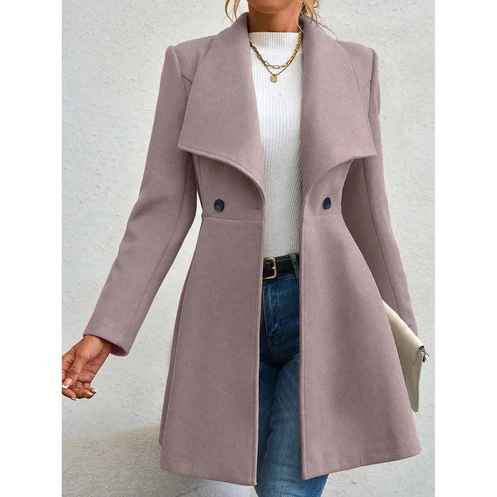 Red Mia Muse women's winter coat with long sleeves, lapel collar, button-up front, suitable for work or festive occasions.