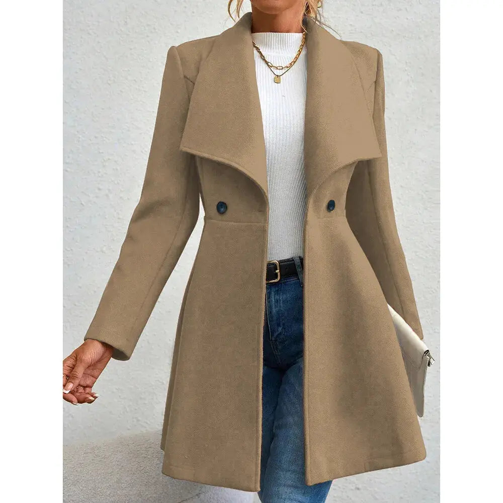 Jungle Line Mia Muse women's red winter coat with long sleeves, lapel, button-up front, suitable for work or casual wear.
