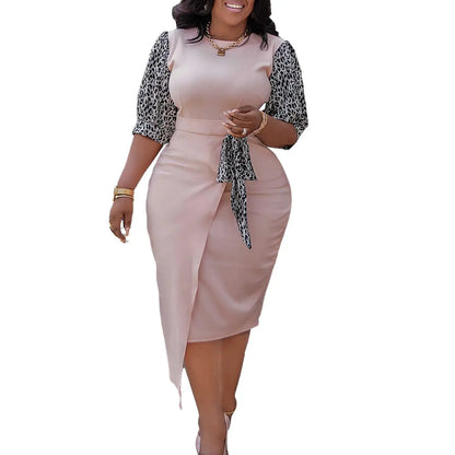 Summer Leopard Print Work Midi Dress Women Elegant Asymmetrical Lantern Half Sleeve Slit Hem Party Business Bodycon Dress - Jungle Line