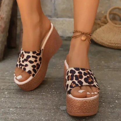 Women's Slippers Leopard Print Wedge High Heel Slingback - Jungle Line
