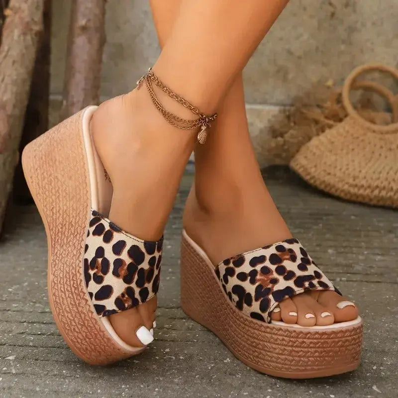 Women's Slippers Leopard Print Wedge High Heel Slingback - Jungle Line